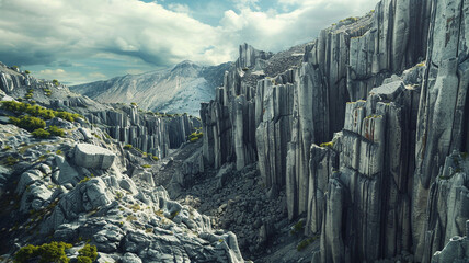 a striking scene of fault-block mountains with dramatic rock formations