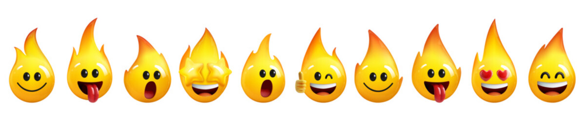 Set of fire flames with emotions, isolated on white.