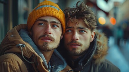 Obraz premium Embracing Love on the Rails: Bisexual Man and Partner Relishing a Serene Train Ride Together