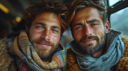 Obraz premium Embracing Love on the Rails: Bisexual Couple Delighting in Scenic Train Adventure