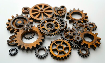 Cogs and gears made of various materials like wood, metal, and plastic 