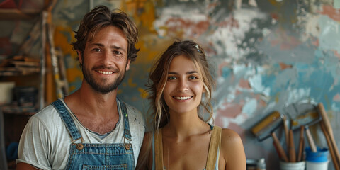 A cheerful couple, wearing aprons, stands together in a room, ready for renovation with tools - Powered by Adobe