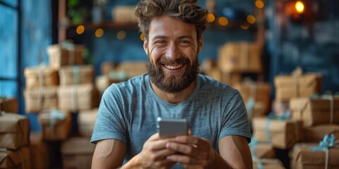 A happy young man sits indoors, using his phone for online business, embodying modern...