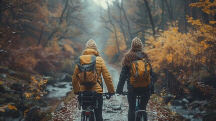 Embracing Diversity: Non-Binary and Female Couple Enjoying a Romantic Bike Ride in the Forest