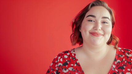 A white Caucasian woman smiles brightly in a red floral shirt