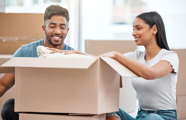 Couple, moving boxes and new home or real estate investment or property, milestone or future. Man,...