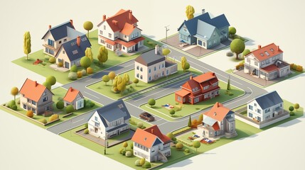 Isometric vector concept of various residential properties including bungalows, townhouses, single-family homes, and apartments