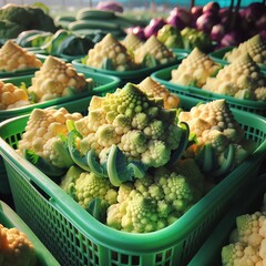 Image of multiple green plastic baskets filled with fresh, ripe Cauliflower sprouts