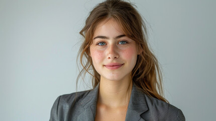 Obraz premium Stylish female in business attire against soft pastel backdrop.