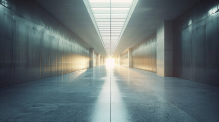 A large, empty, and dimly lit hallway with a sunbeam shining through a window