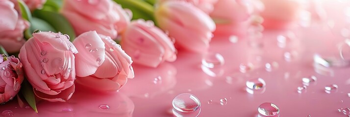 Pink tulip roses with water droplets against pink background