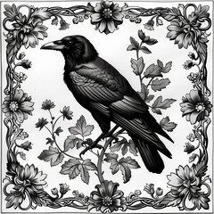 framed crow on a branch vintage engraved illustration