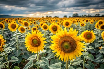Obraz premium A beautiful field of blooming sunflowers against a background of blurred golden sunset light. Harvesting sunflower seeds, sunflower seeds, sunflower oil.