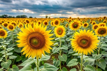 Fototapeta premium A beautiful field of blooming sunflowers against a background of blurred golden sunset light. Harvesting sunflower seeds, sunflower seeds, sunflower oil.