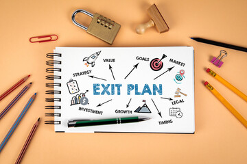 EXIT PLAN. Notepad and office supplies on a light background