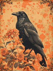 raven on a branch on orange halloween background