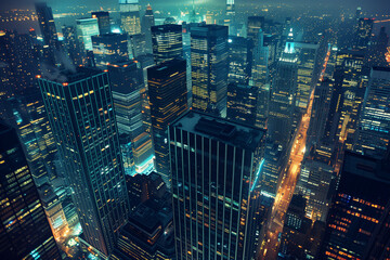 City Skyline at Night: Aerial View of Illuminated Skyscrapers