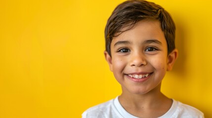 A young Latin boy smiles brightly against a vibrant yellow backdrop