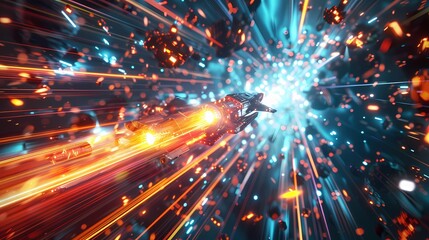 A thrilling scene of a high-speed spaceship race, with a defocused backdrop of vibrant particles