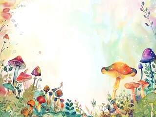A beautiful watercolor painting of a variety of mushrooms in a lush green forest