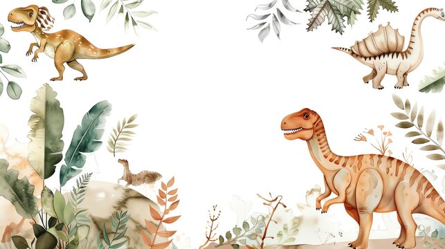a watercolor illustration of a dinosaur themed baby shower invitation