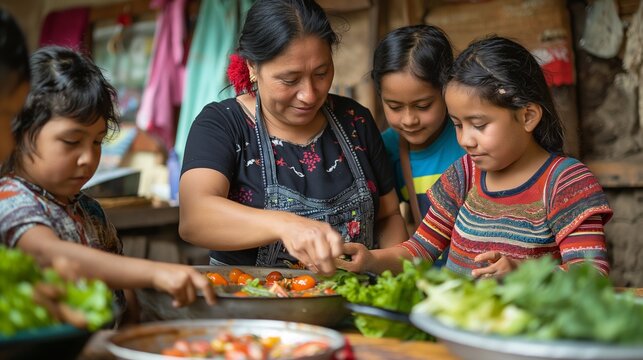 Family cooking session with a Mexican mother teaching her children. The image depicts the love and heritage passed down through cooking traditional meals, emphasizing family bonding and cultural tradi