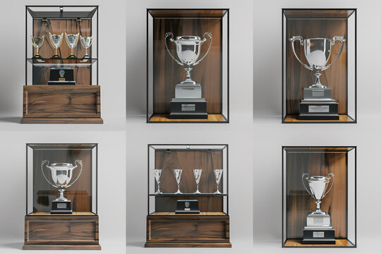Modern simple 3D rendered trophy display case in various views. Ultra realistic, high-quality mockup.