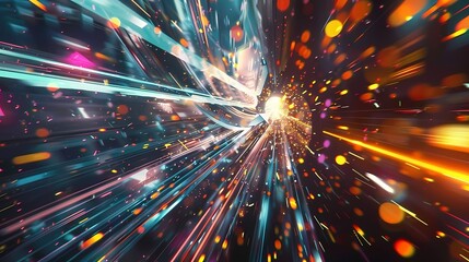 A thrilling scene of a high-speed race through a futuristic city, with a defocused backdrop of vibrant particles