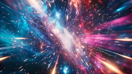 A thrilling scene of a high-speed space chase, with a defocused backdrop of vibrant particles