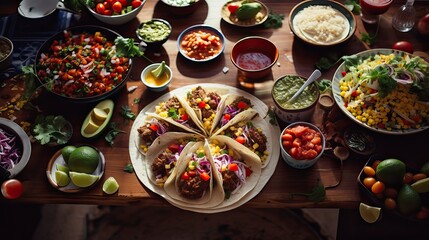 The illustration of homemade taco food shows fun and creativity, with a background of several seasoning ingredients arranged on a wooden table