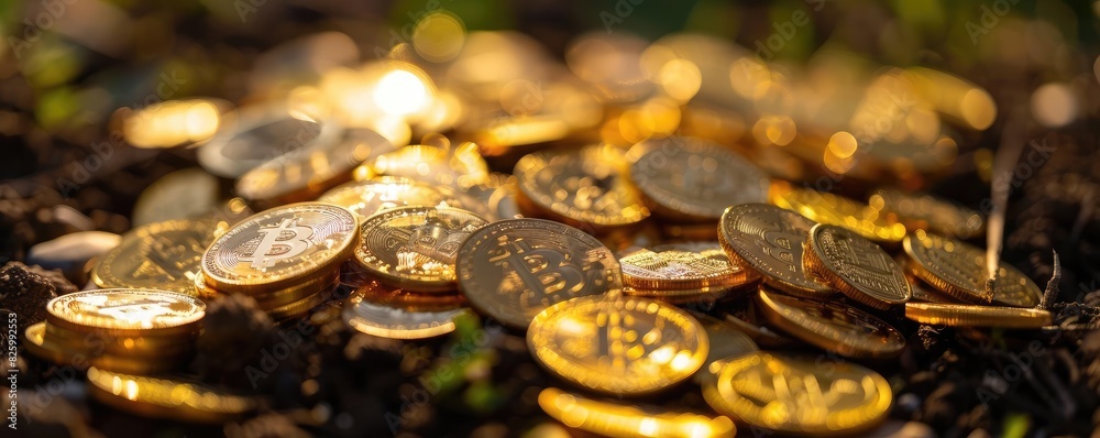 Aufkleber A pile of shining gold coins scattered on a surface, reflecting light and creating a dazzling visual effect.