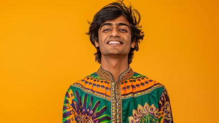 Obraz premium A happy Indian man with long hair wearing a colorful shirt in a bright, flat studio setting