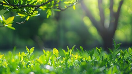 Fototapeta premium Close-up of fresh green grass and leaves with sunlight filtering through trees, highlighting the vibrant natural beauty of a serene outdoor scene.