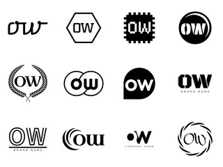 OW logo company template. Letter o and w logotype. Set different classic serif lettering and modern bold text with design elements. Initial font typography.