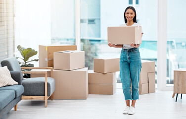 Woman, portrait and moving to new home with boxes for real estate investment, immigration or...