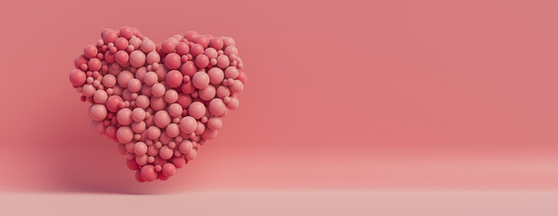 Balloon Love Heart. Pink Balloons arranged in a heart shape. 3D Render with copy-space. 