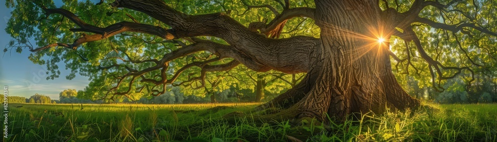 Poster Sunlight filtering through an ancient tree in a lush green meadow on a bright sunny day, emphasizing the beauty of nature and tranquility.