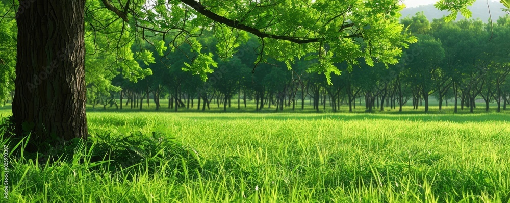 Aufkleber Lush green meadow under the shade of a large tree with a line of trees in the background on a sunny day.