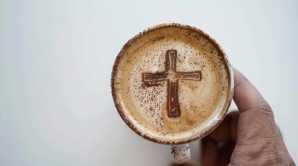 Fototapeta premium Top view of a hand holding a coffee with a foam drawing of a cross, symbolizing faith, on a white background. 