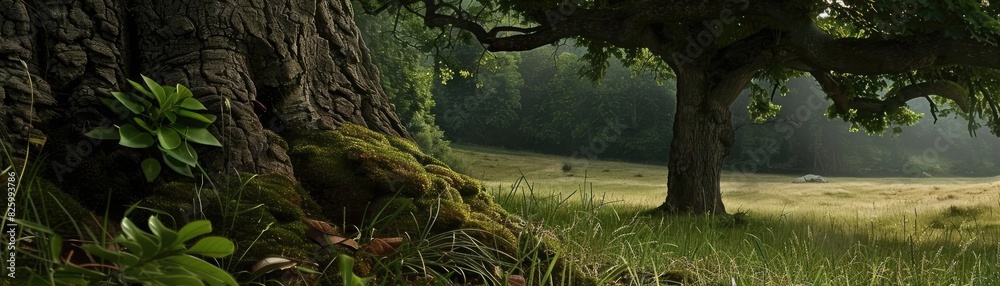 Aufkleber serene forest scene with ancient trees and lush green grass under a soft, diffused light in a peacef