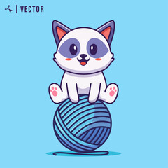 Cute cartoon cat playing with woll ball in isolated background vector illustration