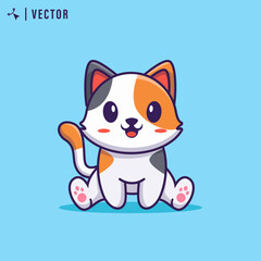 Cute cat sits with blue isolate background, vector illustration