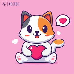 Cute white cat is holding red heart vector illustration. Valentine's day concept