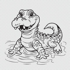 Cute cartoon baby alligator design for kids coloring book, black vector illustration on transparent background