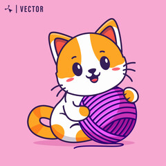 Cute cartoon cat playing with woll ball in isolated background vector illustration