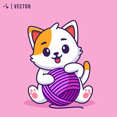 Cute cartoon cat playing with woll ball in isolated background vector illustration