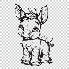 Cute cartoon baby donkey design for kids coloring book, black vector illustration on transparent background