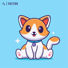 Cute puppy wearing dog bell necklace sits with blue isolate background, vector illustration