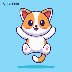 Cute dog character isolated on blue background. Happy white and ginger dog vector image in hand drawn style.