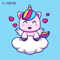 Illustration of cute little smiling unicorn with mane rainbow colors sits on cloud. Vector Illustration